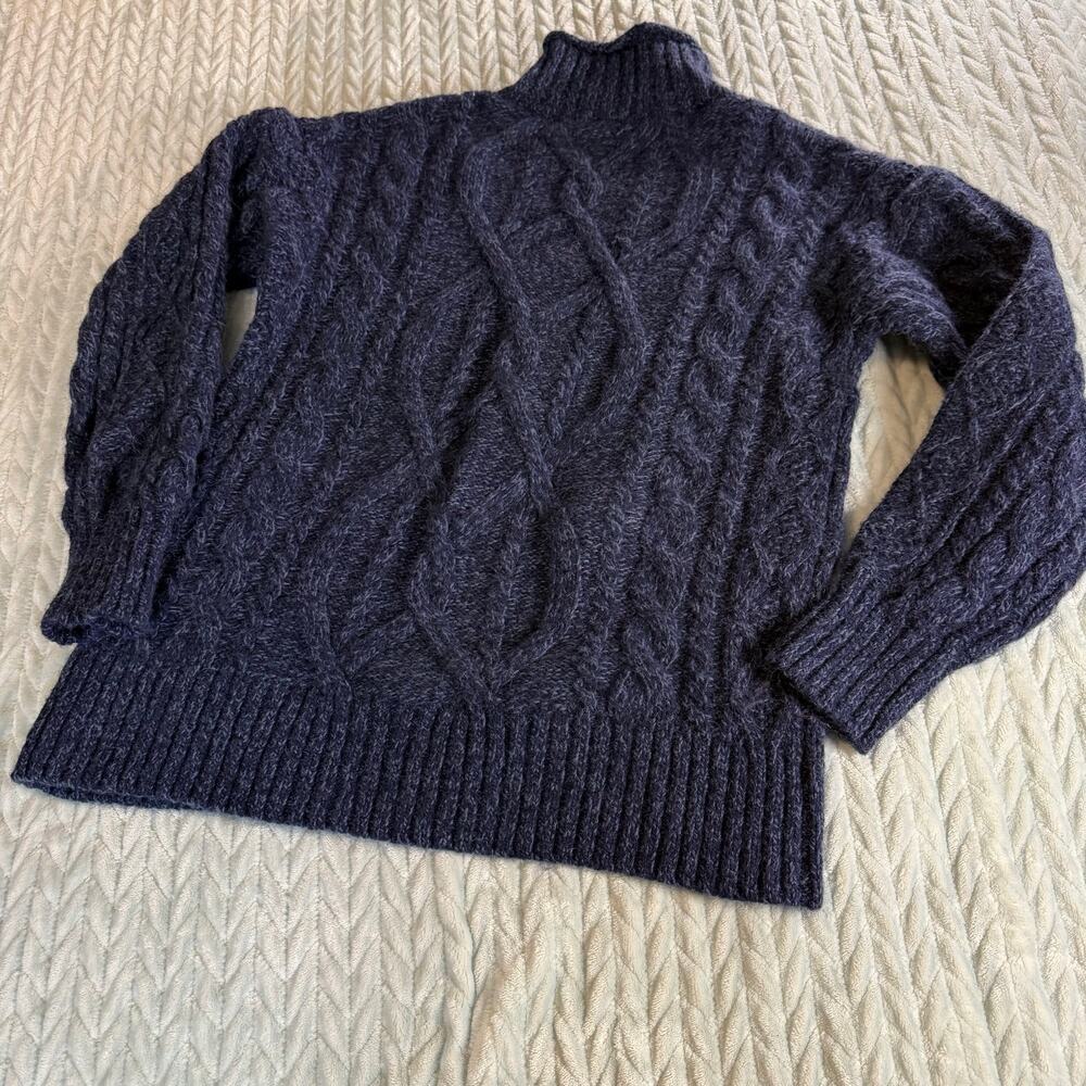 L.L. Bean Womens Sz M Cable Knit Turtleneck Sweater Navy Blue Chunky Wool Blend